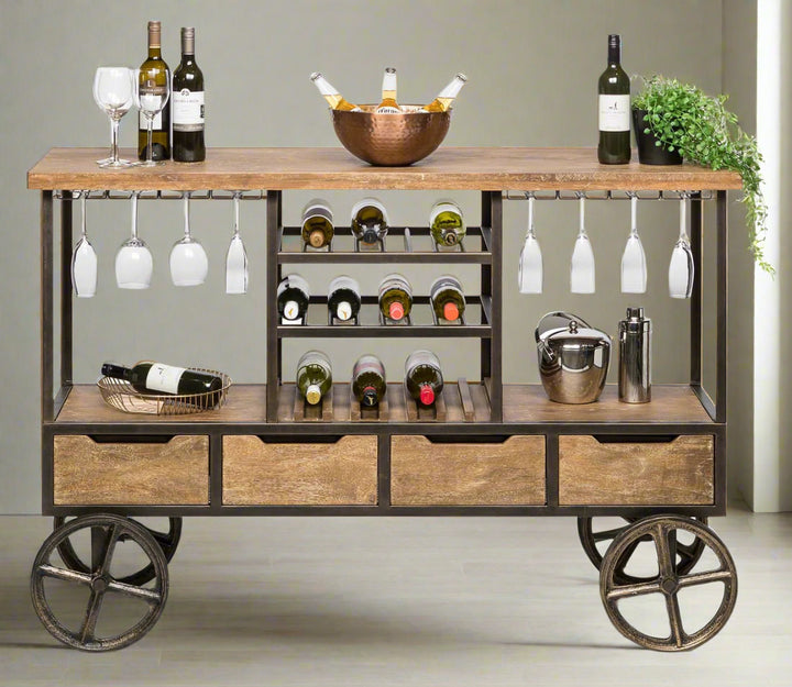 Industrial Style Wooden Bar Cart with Wine Bottle Rack