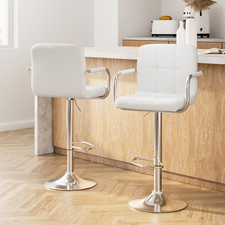 Set of 2 White Leather Bar Stools with Gas Lift & Armrests