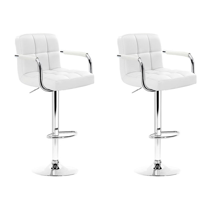 Set of 2 White Leather Bar Stools with Gas Lift & Armrests