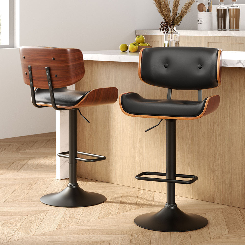Set of 2 All Black Leather Bar Stools with Gas Lift & Wood Frame
