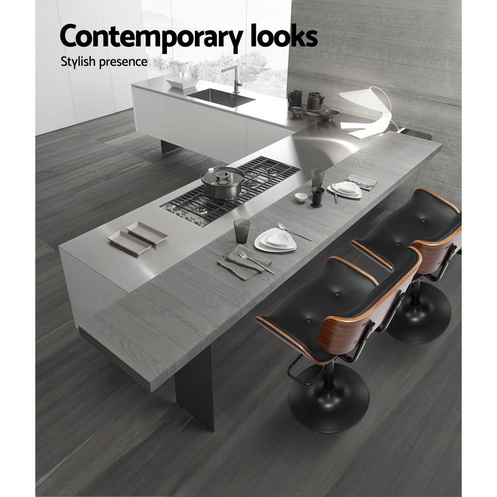 Set of 2 All Black Leather Bar Stools with Gas Lift & Wood Frame