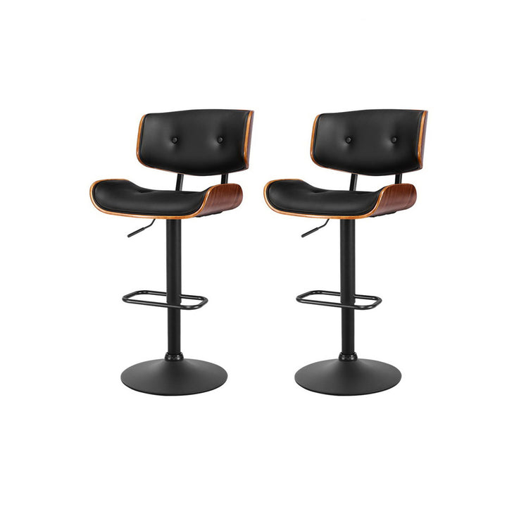 Set of 2 All Black Leather Bar Stools with Gas Lift & Wood Frame
