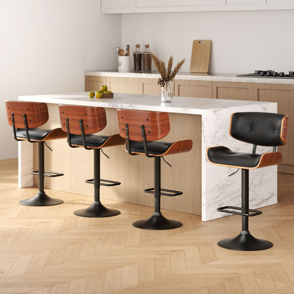 Set of 4 All Black Leather Bar Stools with Gas Lift & Wood Frame