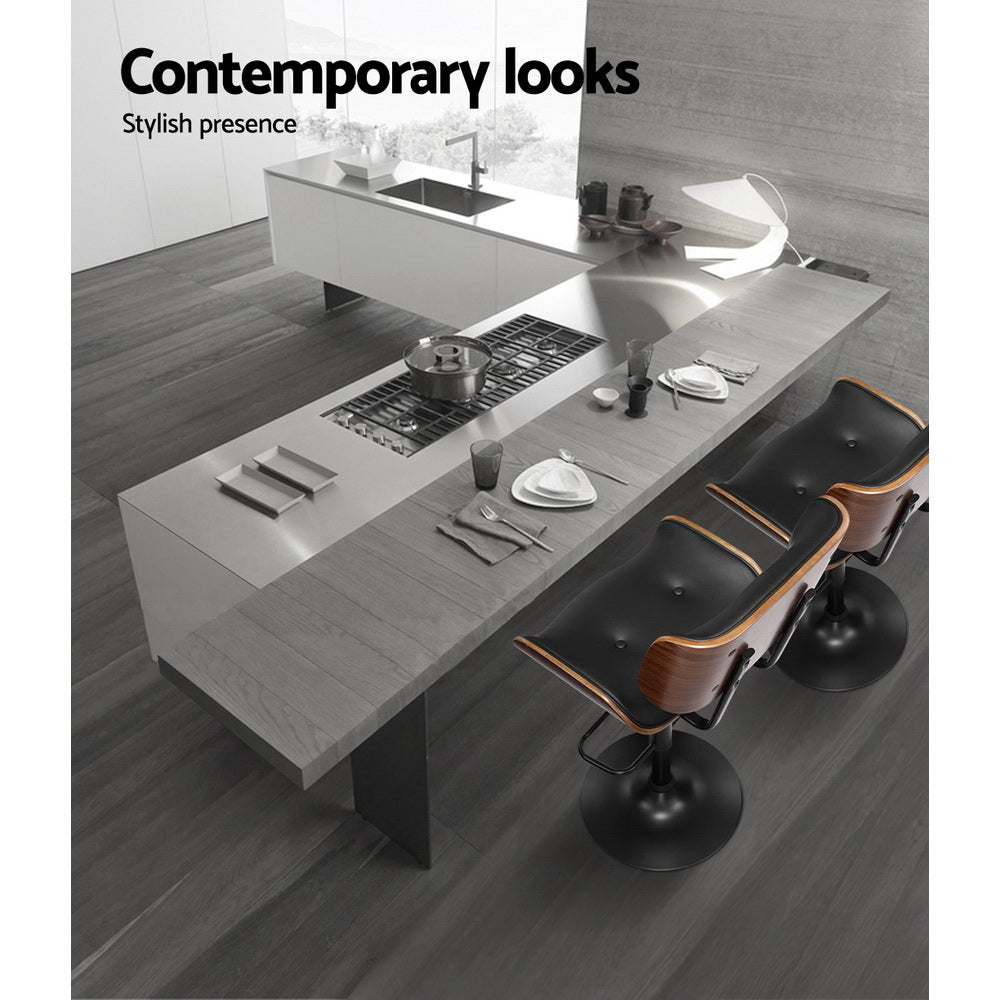 Set of 4 All Black Leather Bar Stools with Gas Lift & Wood Frame