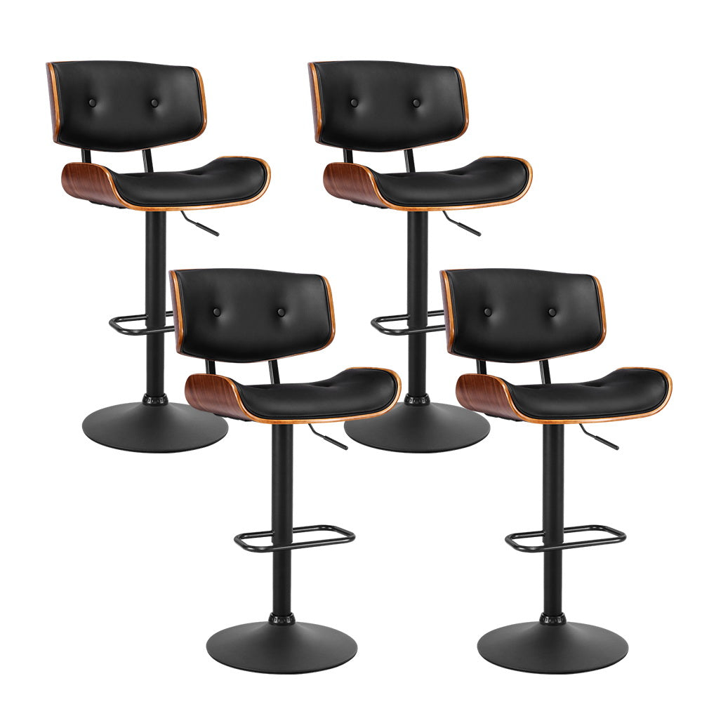 Set of 4 All Black Leather Bar Stools with Gas Lift & Wood Frame