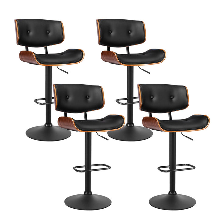 Set of 4 All Black Leather Bar Stools with Gas Lift & Wood Frame