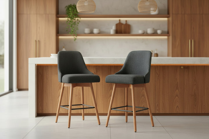 Set of 2 Charcoal Swivel Bar Stools with Wooden Legs