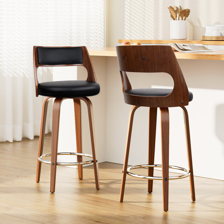 Set of 2 Leather Swivel Bar Stools with Wooden Frame