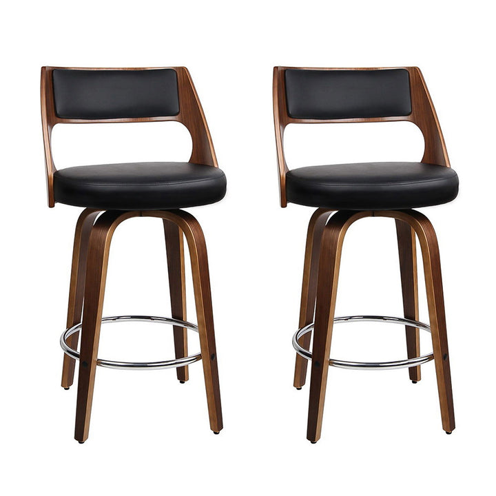 Set of 2 Leather Swivel Bar Stools with Wooden Frame
