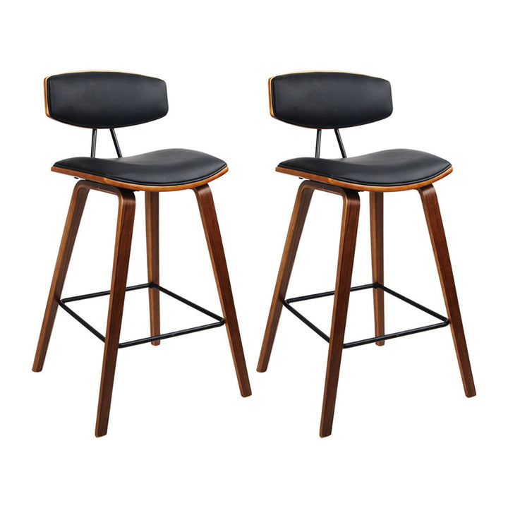 Set of 2 Leather Bar Stools with Padded Seat and Backrest