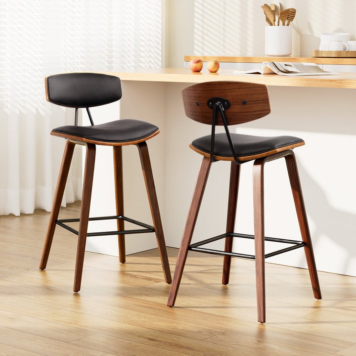 Set of 2 Leather Bar Stools with Padded Seat and Backrest