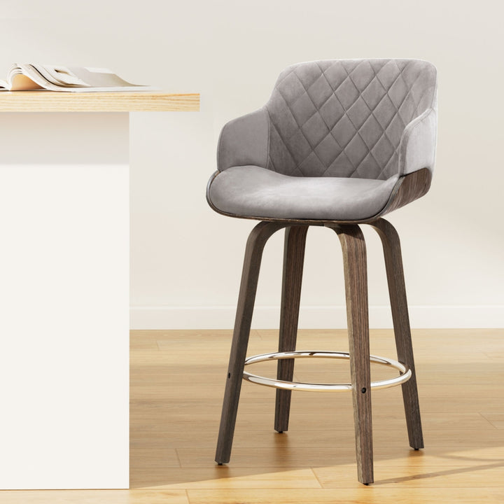 Velvet Padded Swivel Bar Stool with Wooden Legs