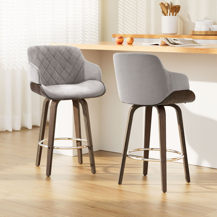 Set of 2 Velvet Padded Swivel Bar Stools with Wooden Legs