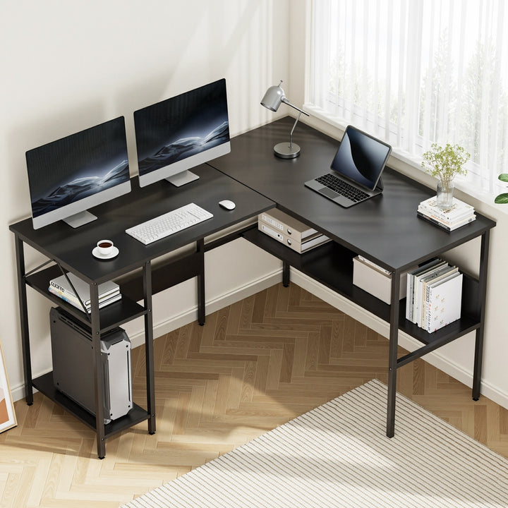 Black L-Shaped Desk with Open Shelf