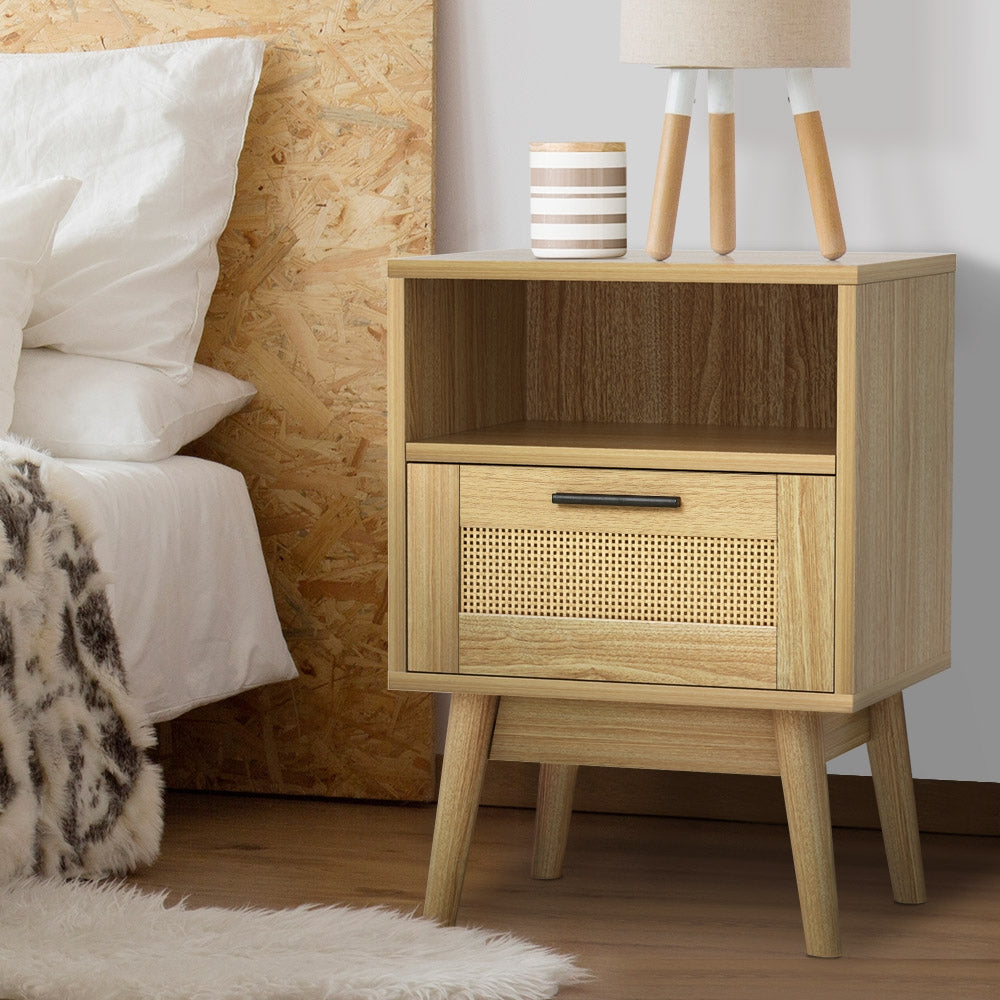 Oak Rattan Bedside Table with Drawer & Shelf