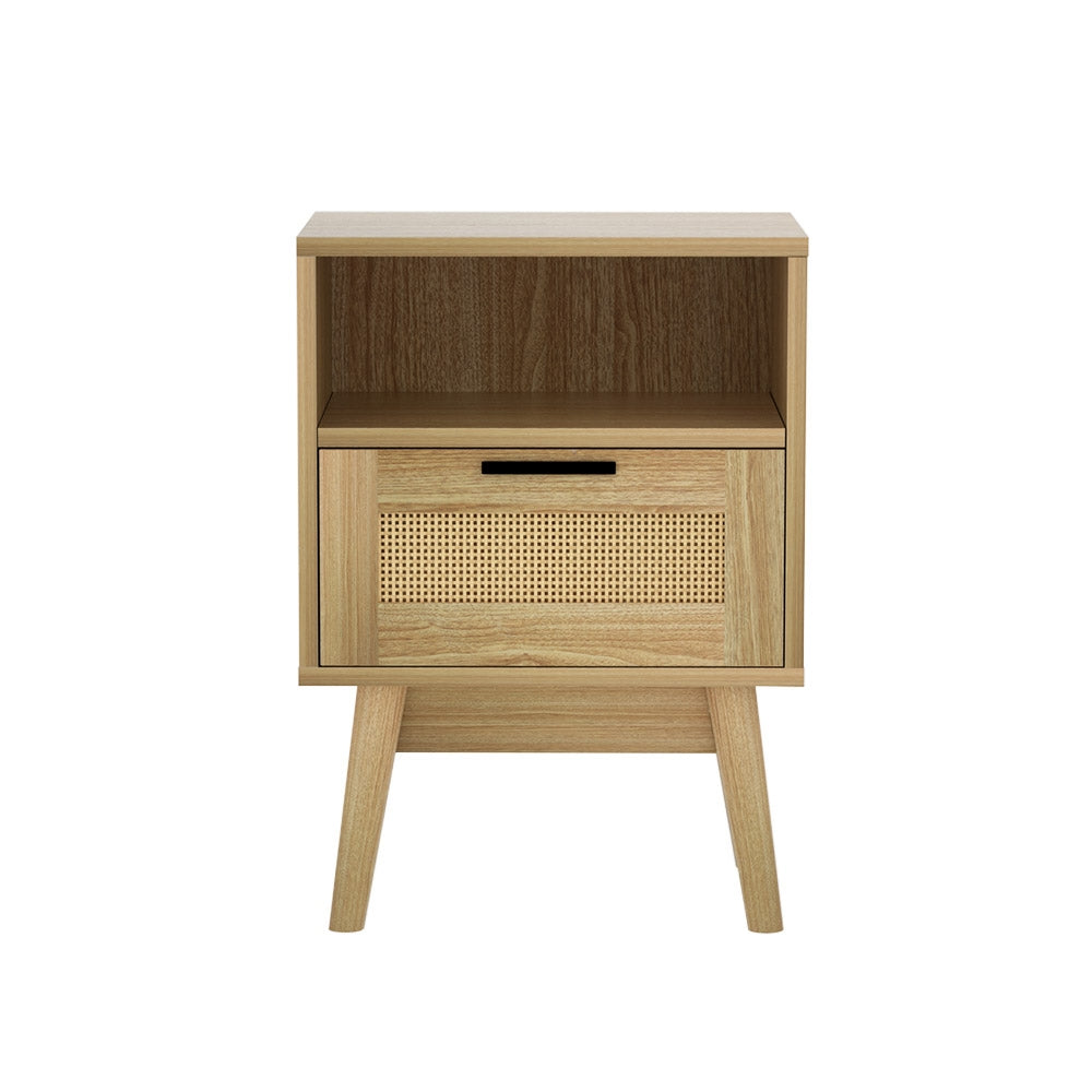 Oak Rattan Bedside Table with Drawer & Shelf