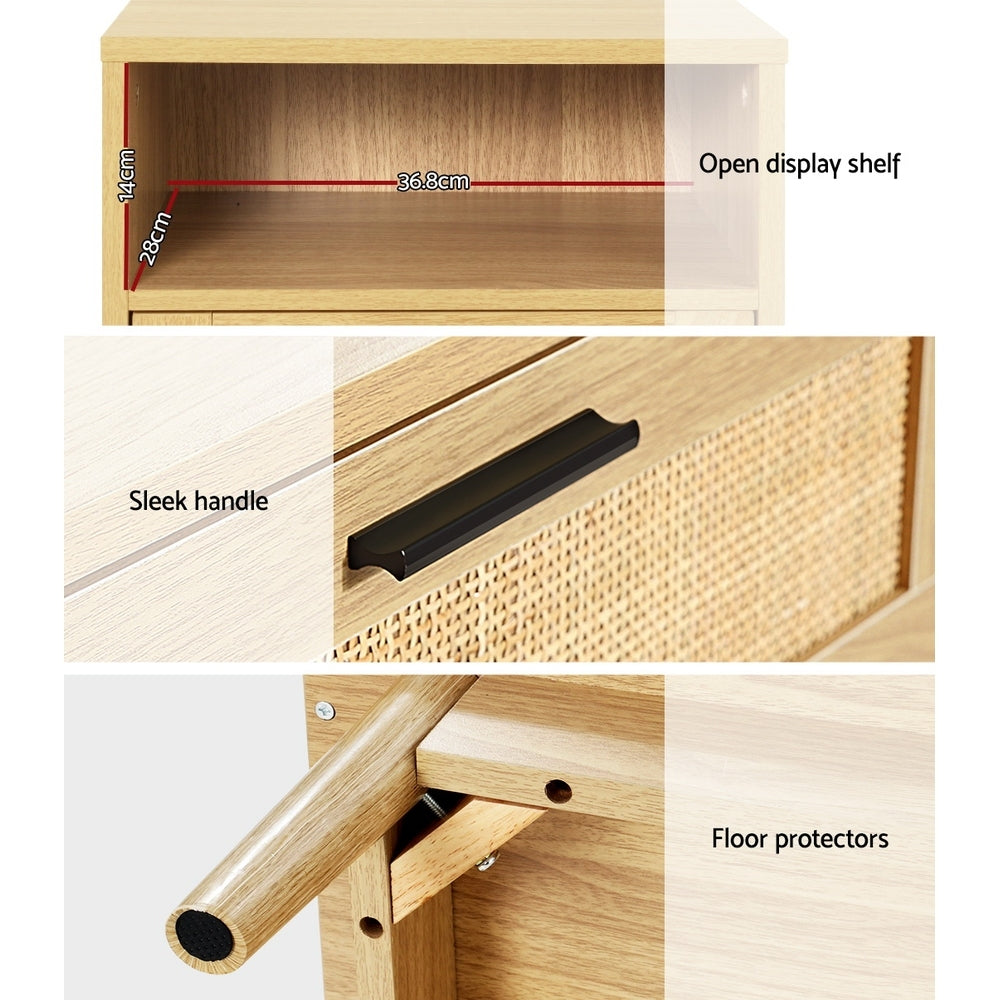 Oak Rattan Bedside Table with Drawer & Shelf