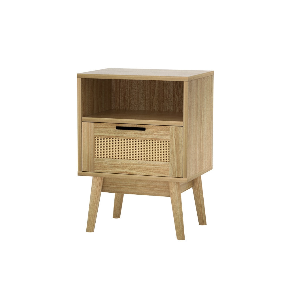 Oak Rattan Bedside Table with Drawer & Shelf