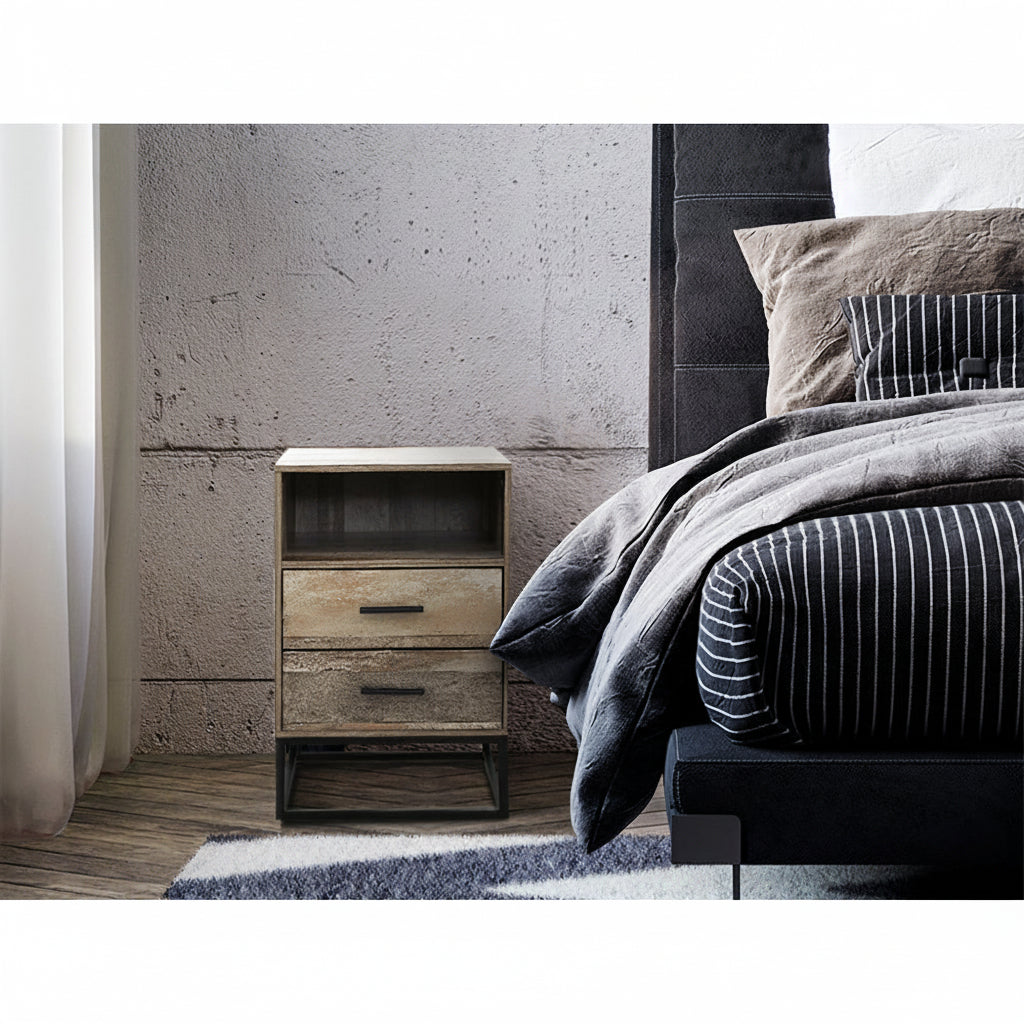 Bedroom scene with a wooden nightstand and bed, featuring the Artiss brand logo.