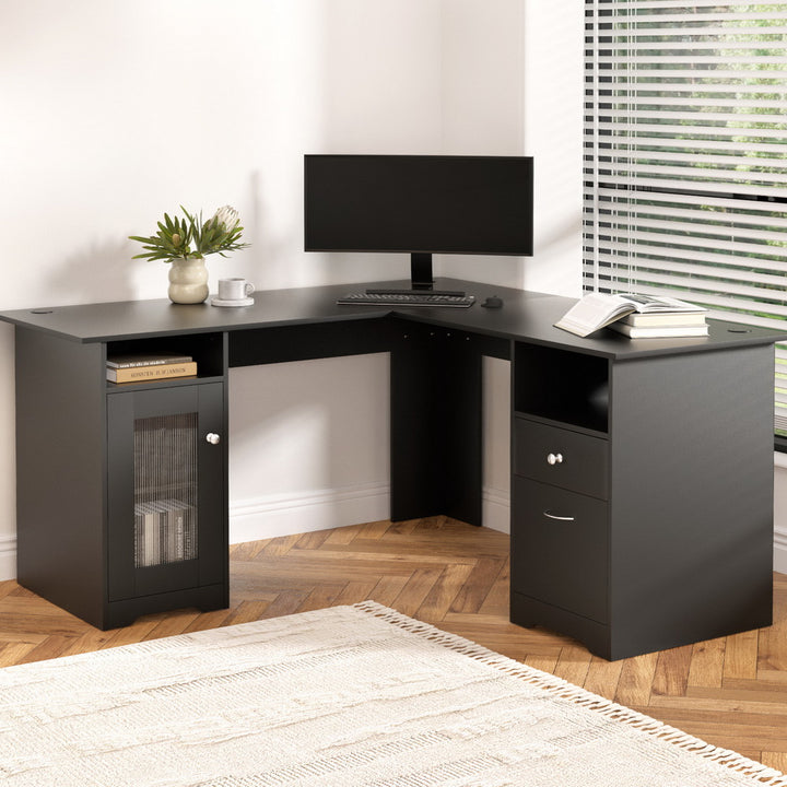 Black L-Shaped Corner Desk with Storage