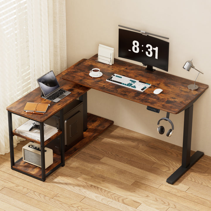 Rustic Brown L-Shaped Electric Standing Desk