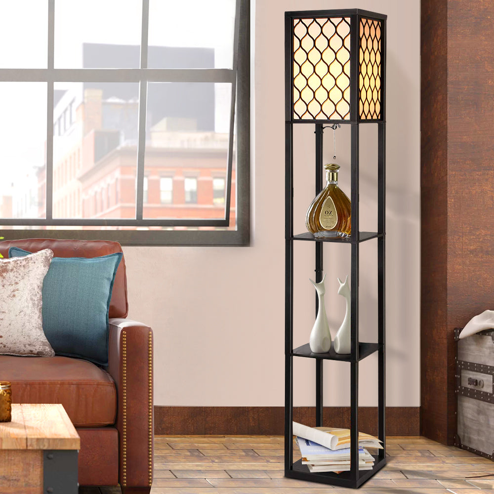 Floor Lamp 3 Tier Shelf Storage LED Light Stand Home Room Pattern - Black-Home & Garden > Lighting > Floor Lamps-Nomica Living