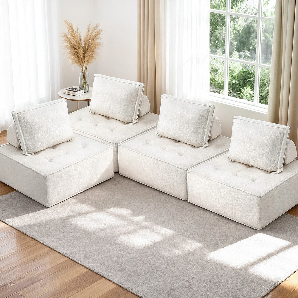 Modular Floor Sofa & Lounge Chair Set in White - 4 Piece with Pillows