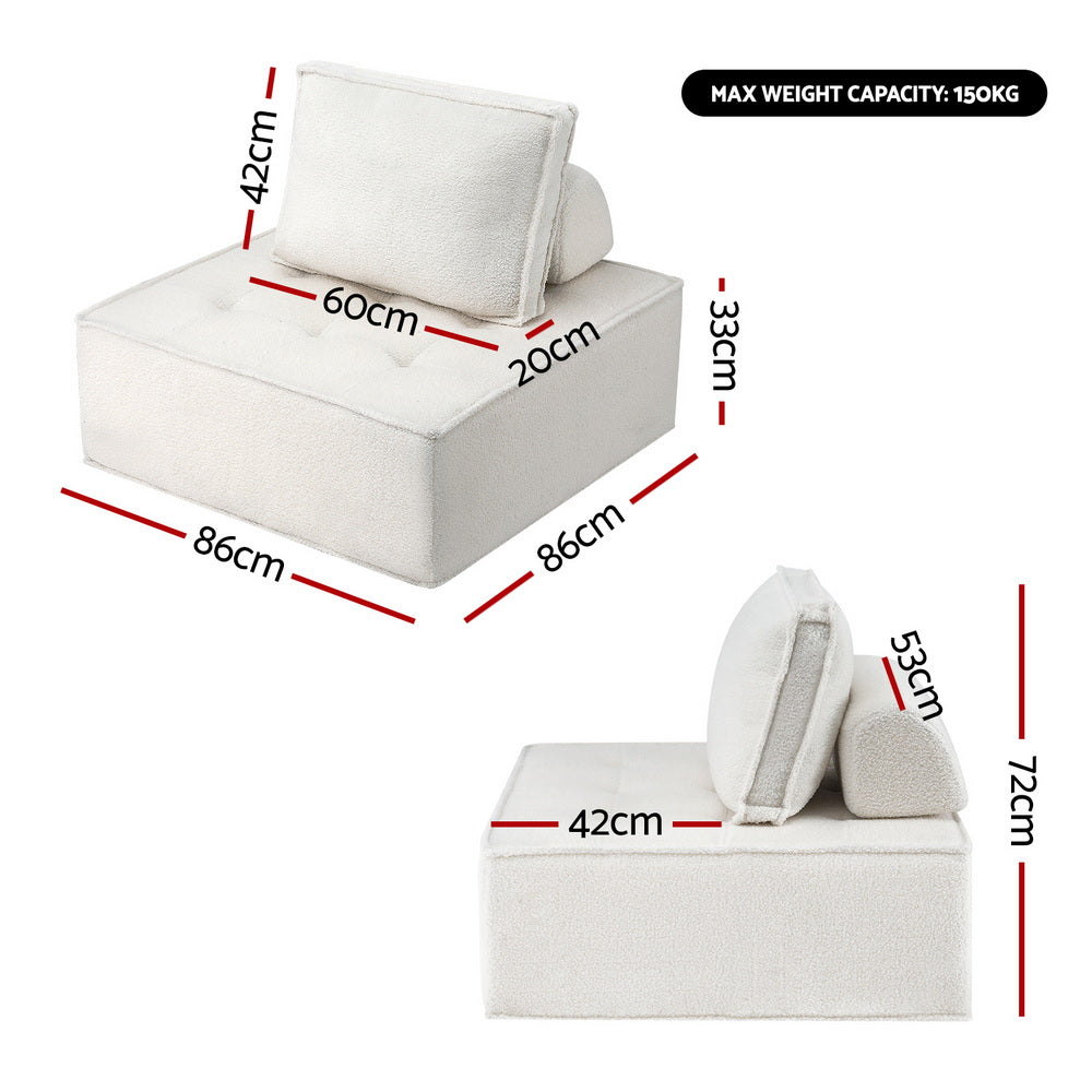 Modular Floor Sofa & Lounge Chair Set in White - 4 Piece with Pillows