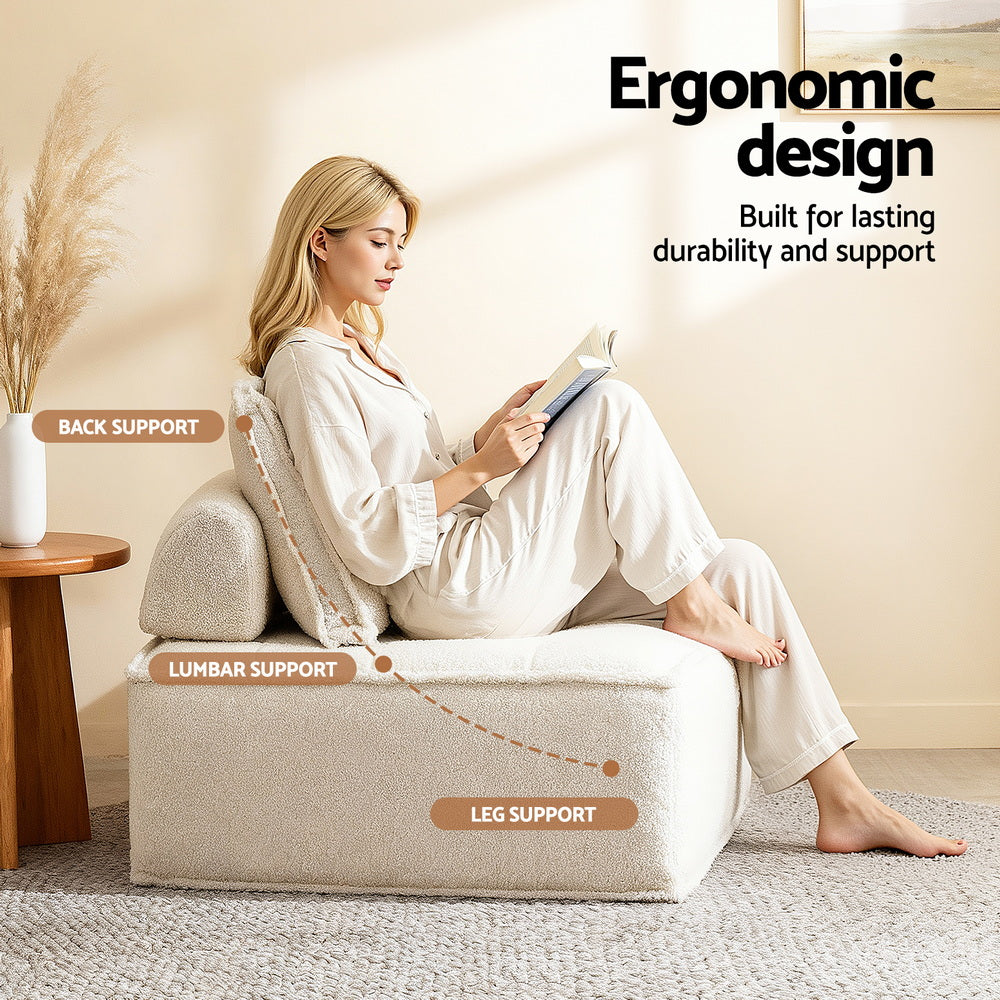 Modular Floor Sofa & Lounge Chair Set in White - 4 Piece with Pillows