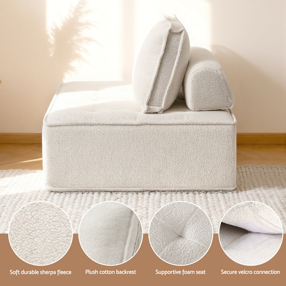 Modular Floor Sofa & Lounge Chair Set in White - 4 Piece with Pillows