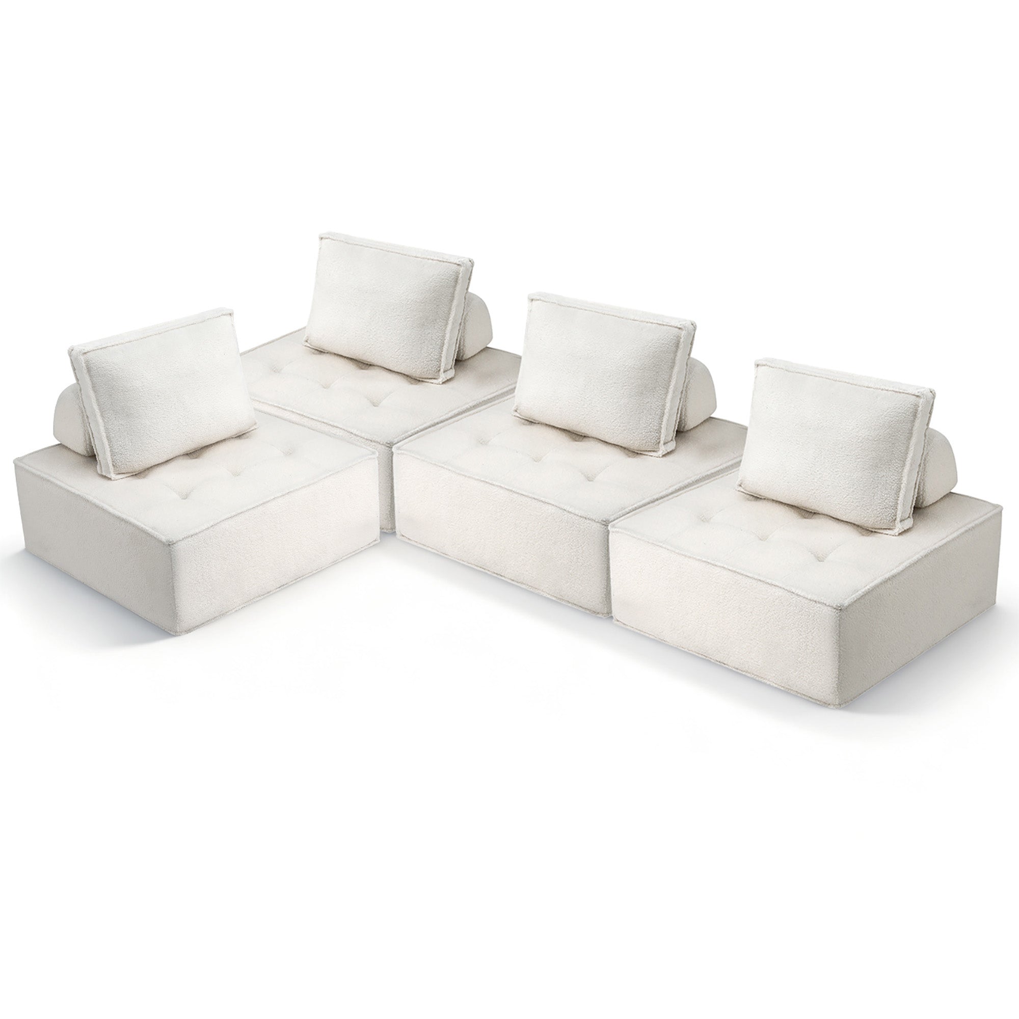 Modular Floor Sofa & Lounge Chair Set in White - 4 Piece with Pillows