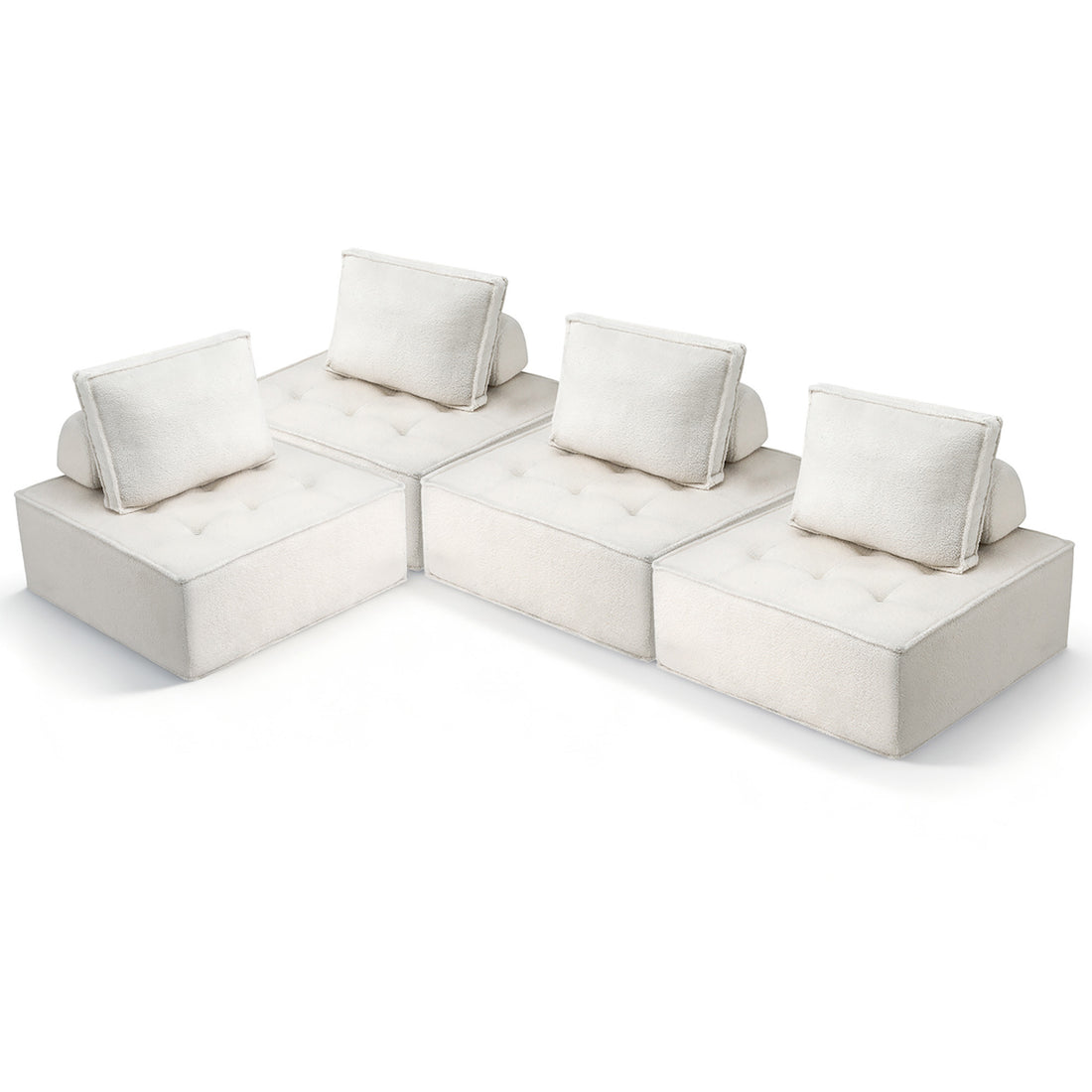 Modular Floor Sofa & Lounge Chair Set in White - 4 Piece with Pillows