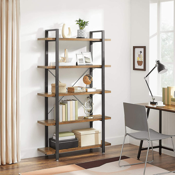 5-Tier Industrial Bookcase – Rustic Brown and Black Stable Bookshelf