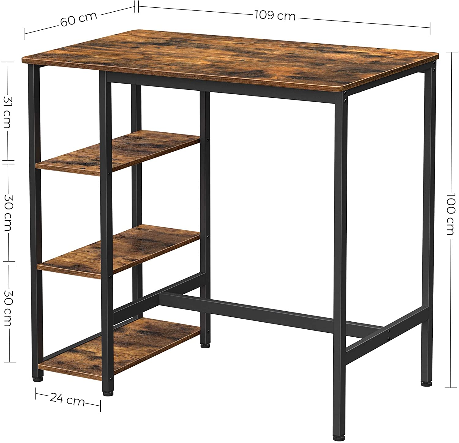 3-Tier Dining Table - 109cm Rustic Brown Steel Structure Storage Dining Furniture