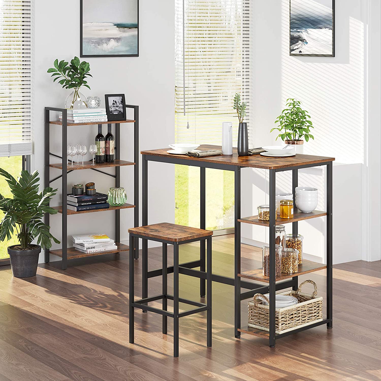3-Tier Dining Table - 109cm Rustic Brown Steel Structure Storage Dining Furniture