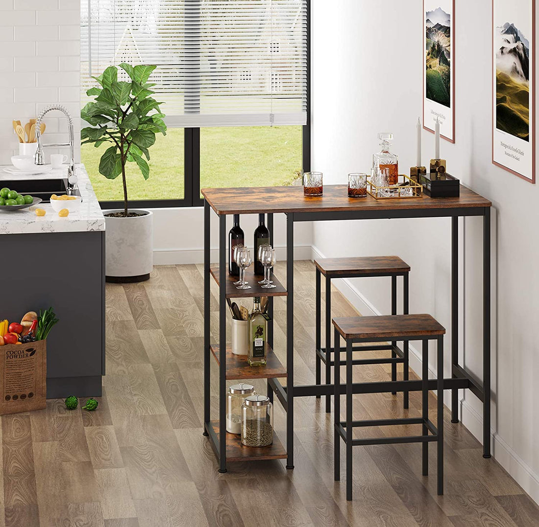 3-Tier Dining Table - 109cm Rustic Brown Steel Structure Storage Dining Furniture