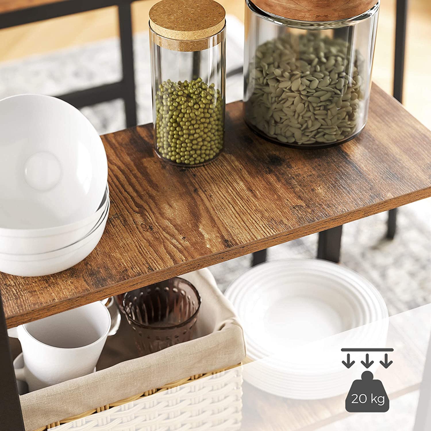 3-Tier Dining Table - 109cm Rustic Brown Steel Structure Storage Dining Furniture