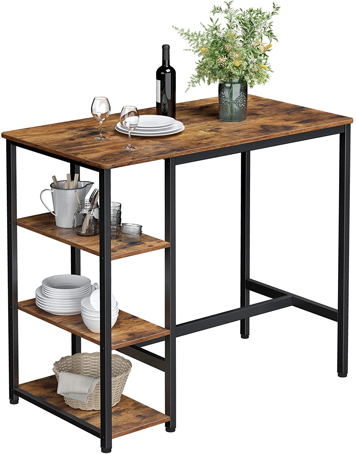 3-Tier Dining Table - 109cm Rustic Brown Steel Structure Storage Dining Furniture