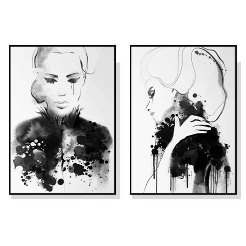 Watercolor Sketch Wall Art – 80x120cm Black Frame Canvas Set of 2