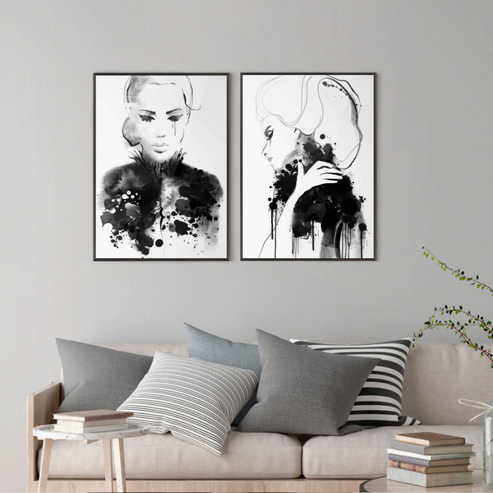 Watercolor Sketch Wall Art – 80x120cm Black Frame Canvas Set of 2
