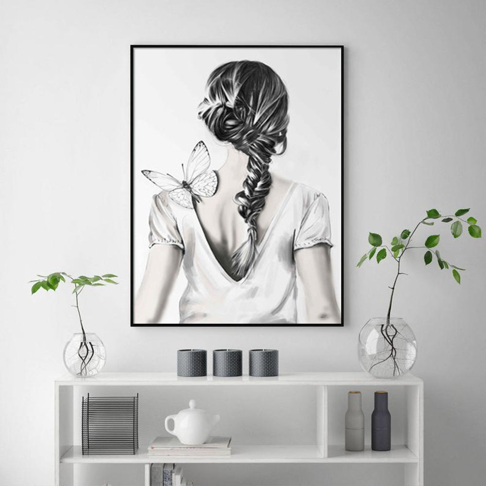 Woman Back With Butterfly Wall Art – 80x120cm Black Frame Canvas