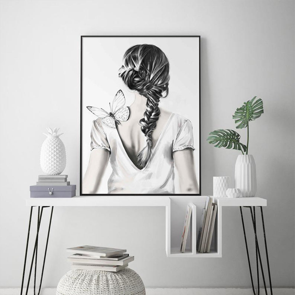Woman Back With Butterfly Wall Art – 80x120cm Black Frame Canvas