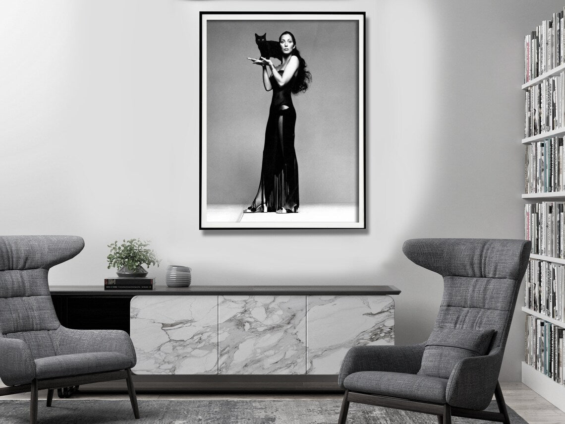 Cher Music Black and White Wall Art – 80cm x 120cm Black Frame Canvas