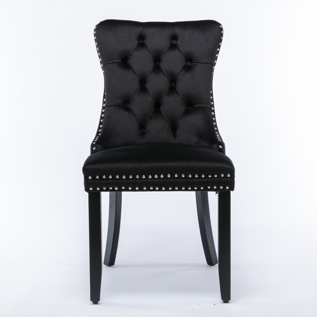 Black Velvet Tufted Dining Chairs with Solid Wood Legs (Set of 2)