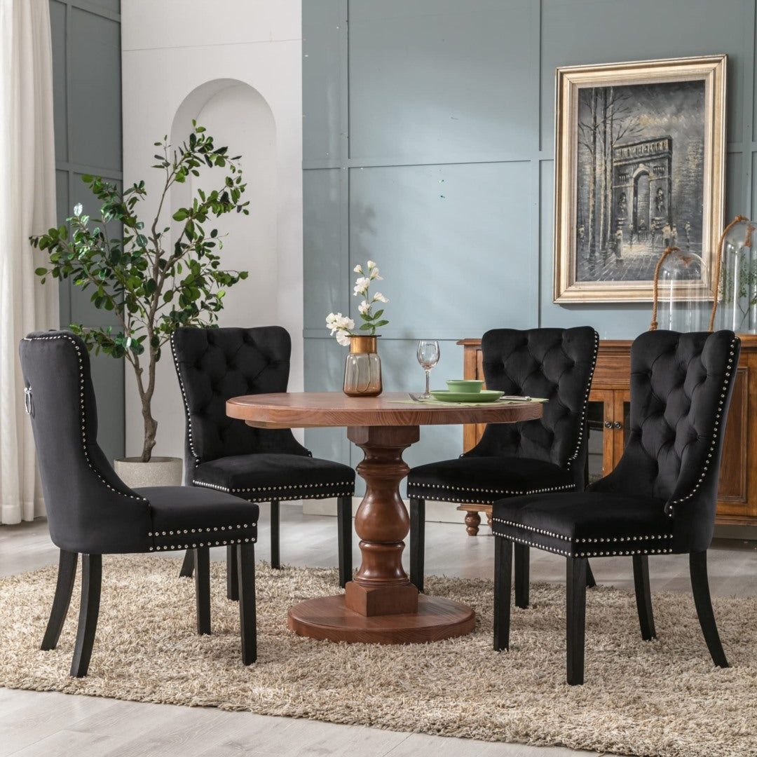 Black Velvet Tufted Dining Chairs with Solid Wood Legs (Set of 2)