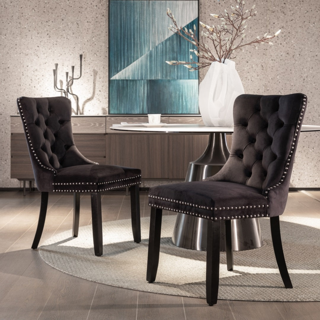Black Velvet Tufted Dining Chairs with Solid Wood Legs (Set of 2)
