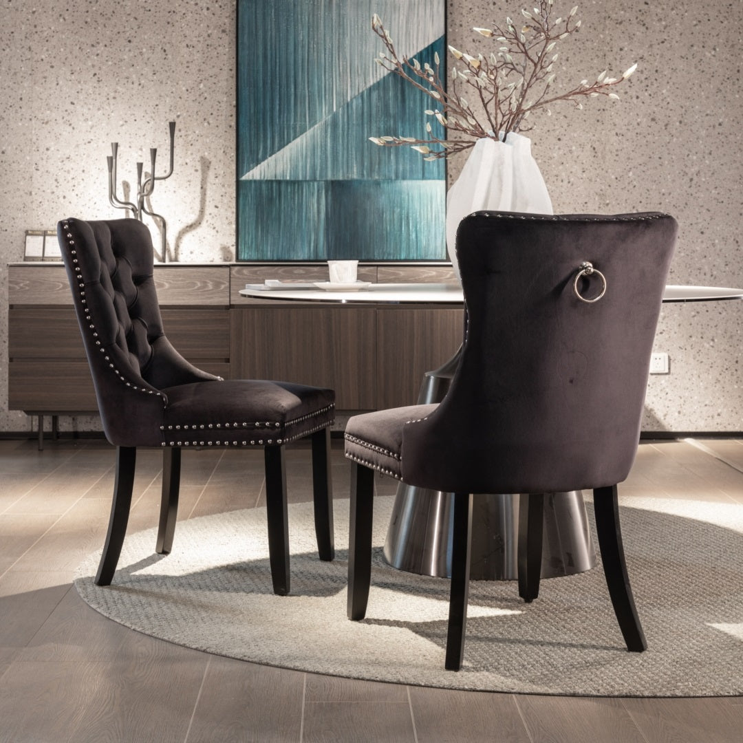 Black Velvet Tufted Dining Chairs with Solid Wood Legs (Set of 2)