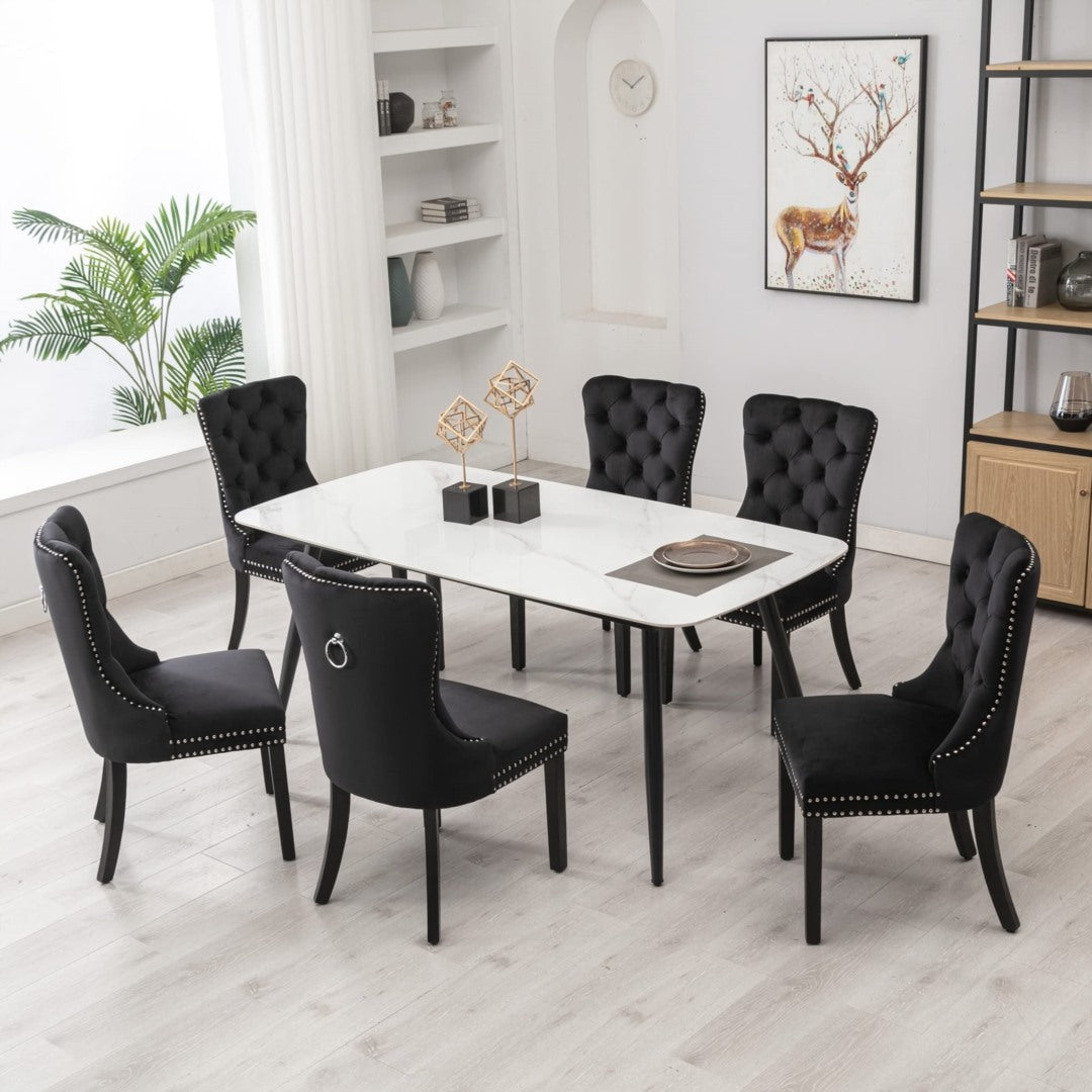 Black Velvet Tufted Dining Chairs with Solid Wood Legs (Set of 2)