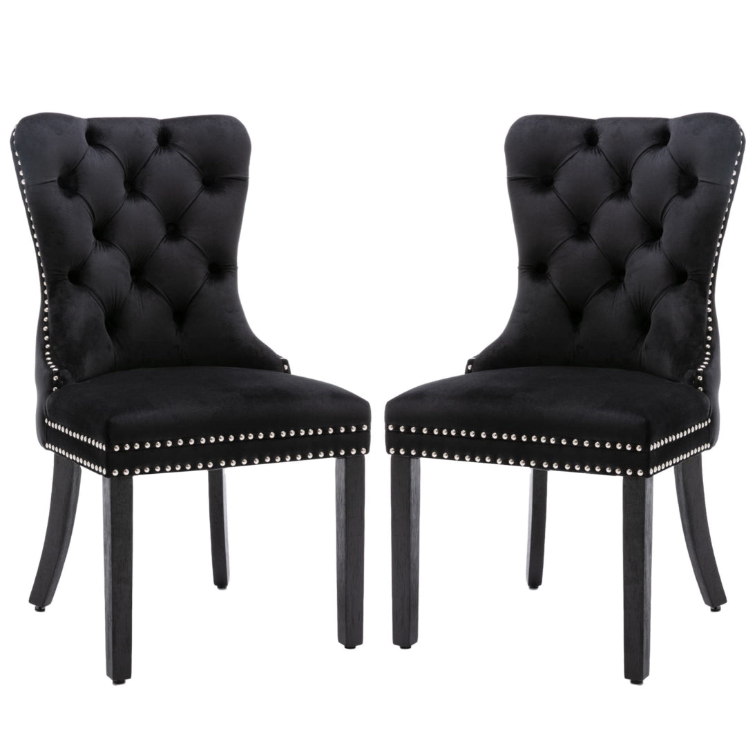 Black Velvet Tufted Dining Chairs with Solid Wood Legs (Set of 2)