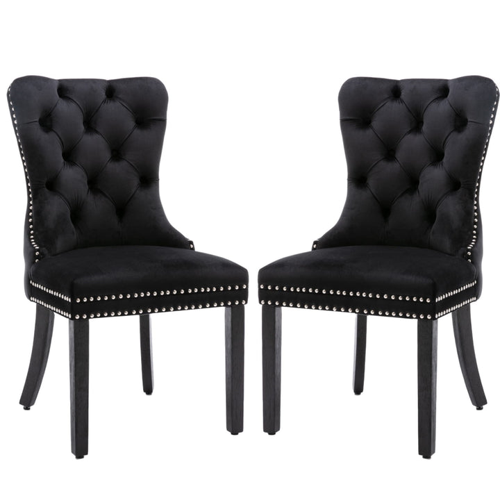 Black Velvet Tufted Dining Chairs with Solid Wood Legs (Set of 2)